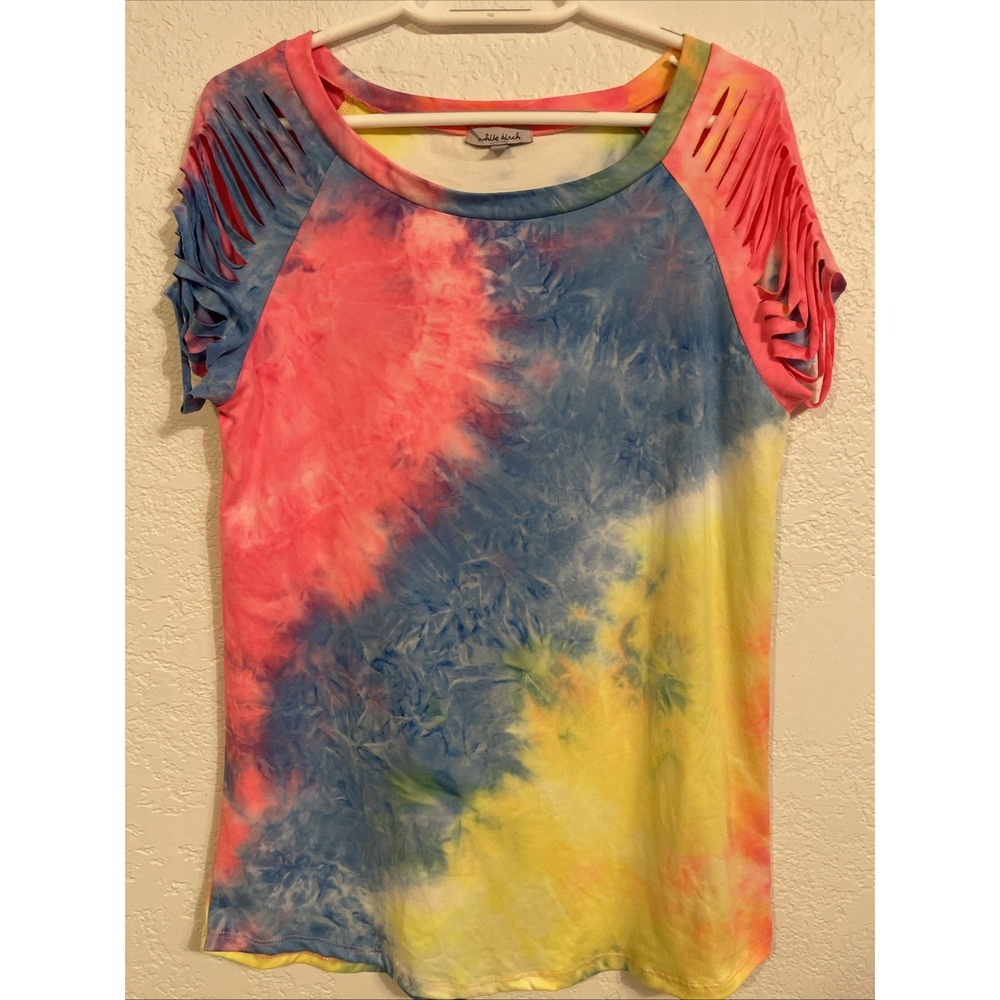 White Birch Women's Tie Dye Shirt Fringe Sleeves Sz. Small
